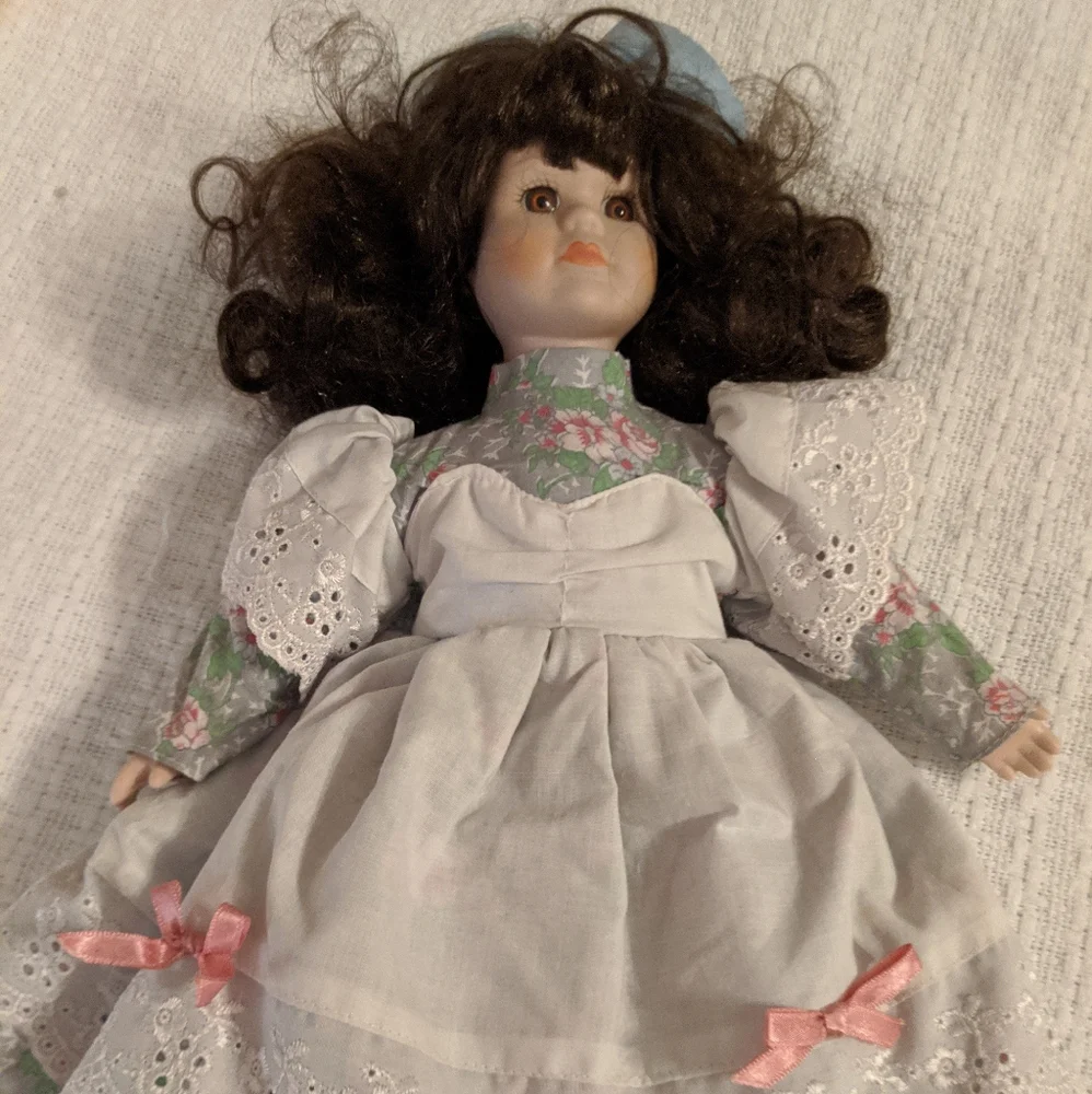 Doll Vintage Porcelain With Soft Body Dark Curly Hair